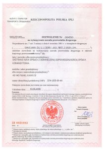 Dokument zezwolenie SASTRANS NOVA